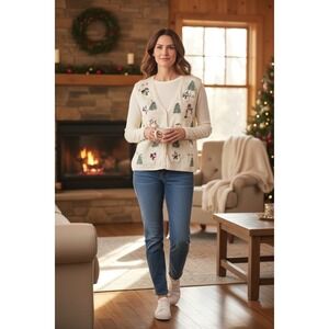 Designers Originals Studio Snowman Christmas Vest L Cream Embroidered Holiday